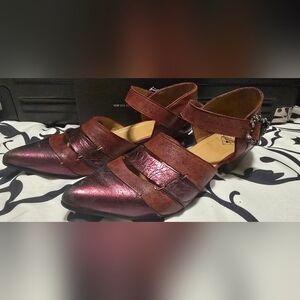 John Fluevog Truths Allison - Metallic Burgundy and Brown Leather Strap Flats